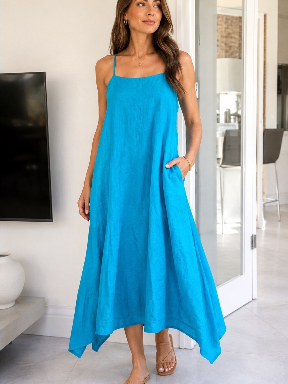 DKNY Pure 100% Linen Turquoise Blue Summer Dress XL Sleeveless Asymmetrical Hem